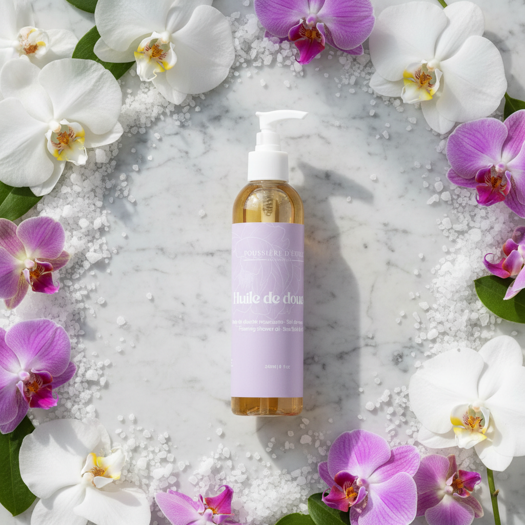 Huile de douche moussante Poussière d’Étoile Sel de mer & Orchidée sur marbre avec orchidées et cristaux de sel, ambiance spa luxueuse