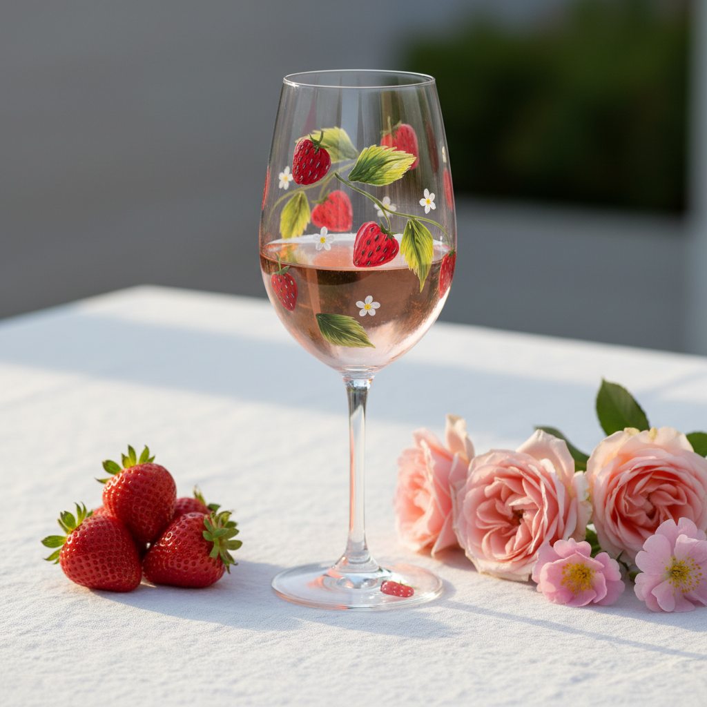 Coupe à vin Fraises des Champs avec rosé et fraises fraîches sur nappe blanche