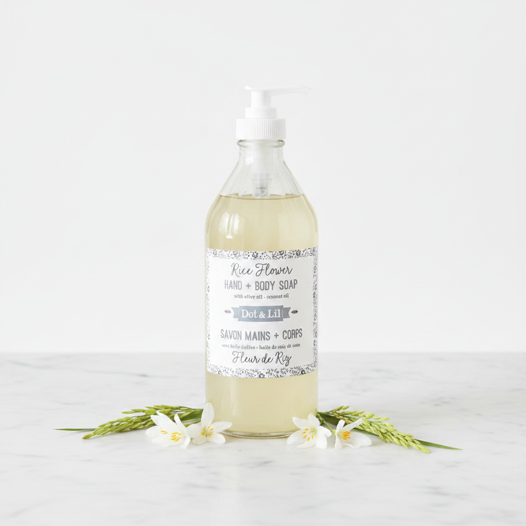 Savon mains corps Fleur de Riz Dot & Lil sur marbre avec fleurs blanches