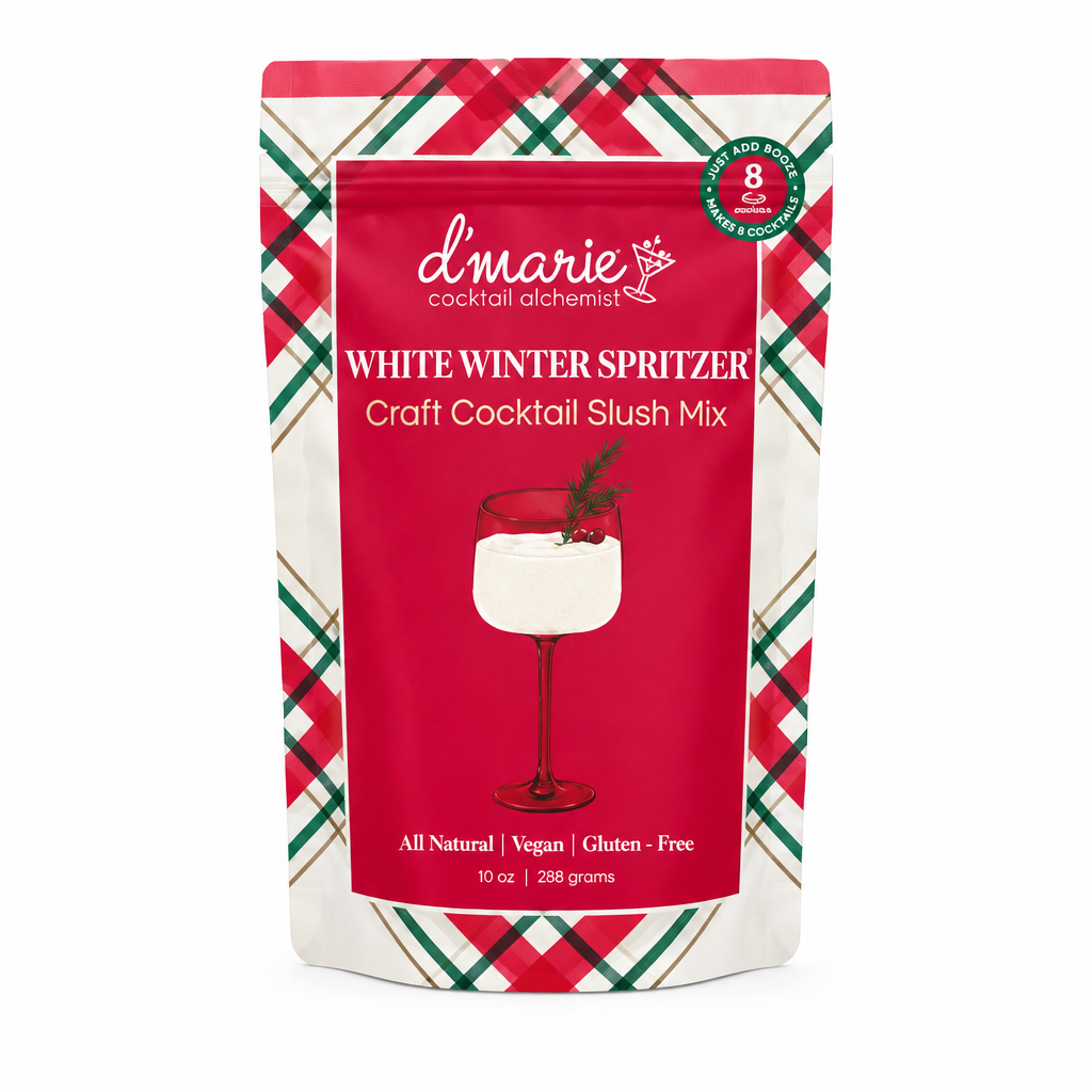 Pochette D’Marie White Winter Spritzer Craft Cocktail Slush Mix sur fond blanc carré, 10 oz et 288 grams