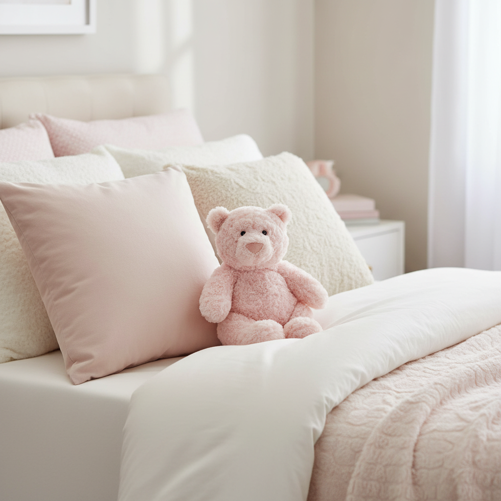Peluche ourson rose Jellycat Leola posée sur un lit cosy, ambiance chambre
