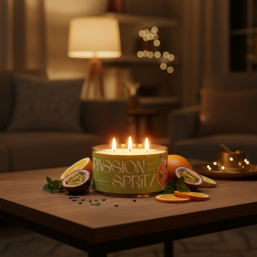 Chandelle 3 mèches Passion Spritz allumée dans un salon cosy avec lumière chaude et déco élégante