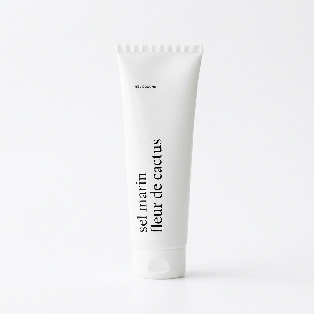 Tube de gel douche Sel marin et fleur de cactus Marée sur fond blanc