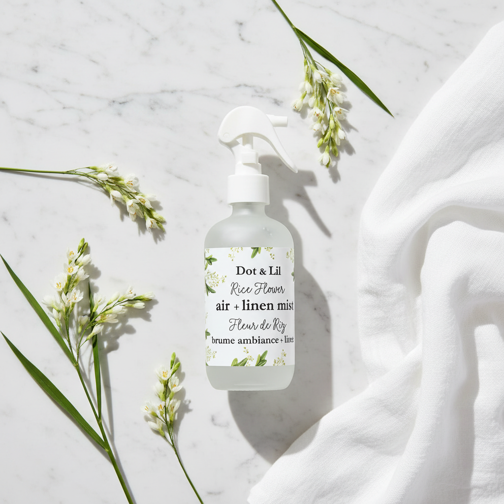 Brume Fleur de Riz Dot & Lil flat lay marbre avec fleurs blanches