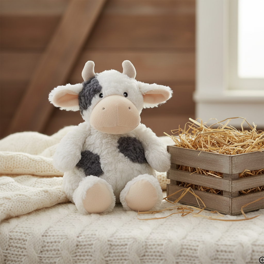 Vache patches crème peluche Mon Ami sur couverture tricot blanc ambiance ferme cosy