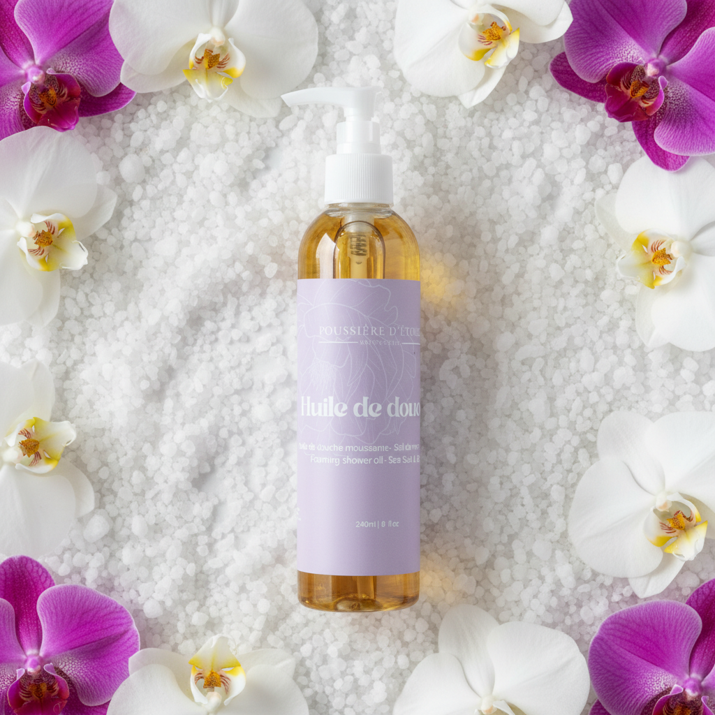 Huile de douche moussante Sel de mer & Orchidée Poussière d’Étoile sur fond blanc avec cristaux de sel et fleurs d’orchidée