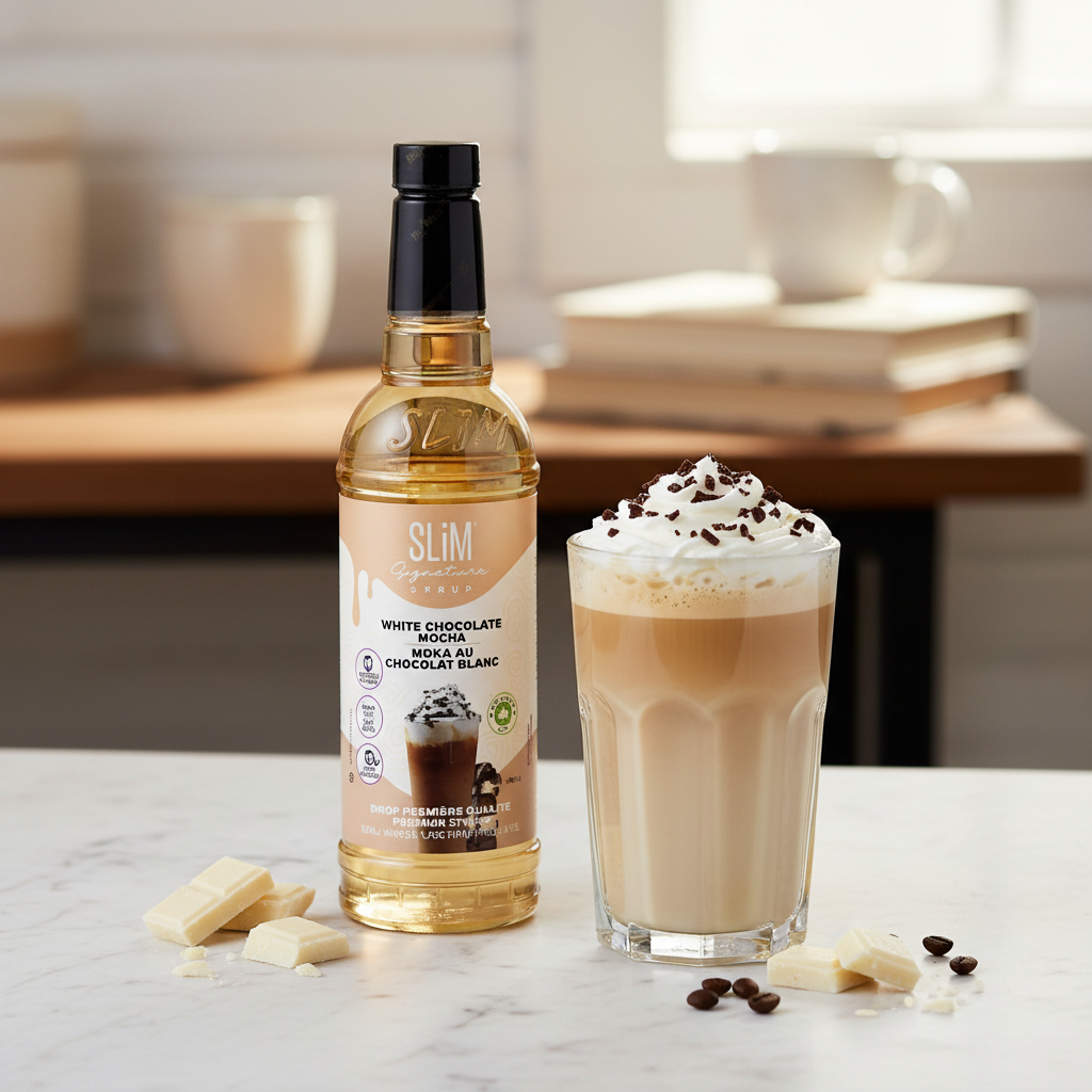 Sirop SLiM Moka Chocolat Blanc avec latte crémeux et copeaux de chocolat blanc
