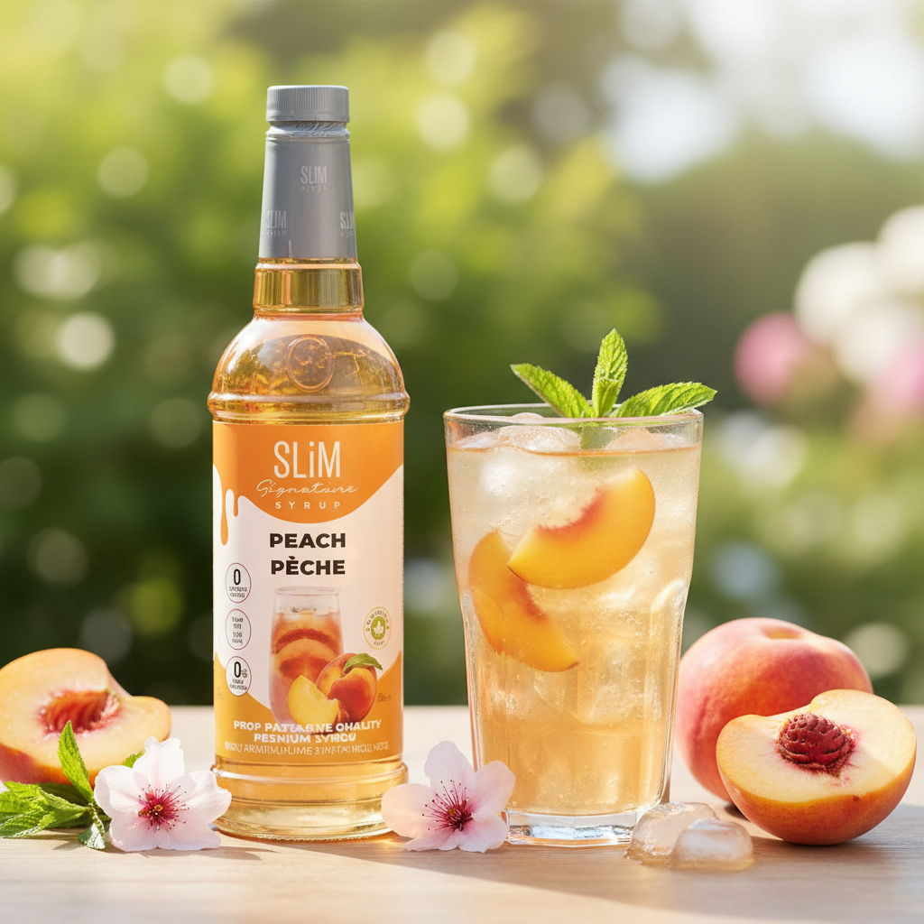 Sirop SLiM Pêche avec thé glacé pêche, tranches de pêche fraîche et menthe, ambiance jardin estival