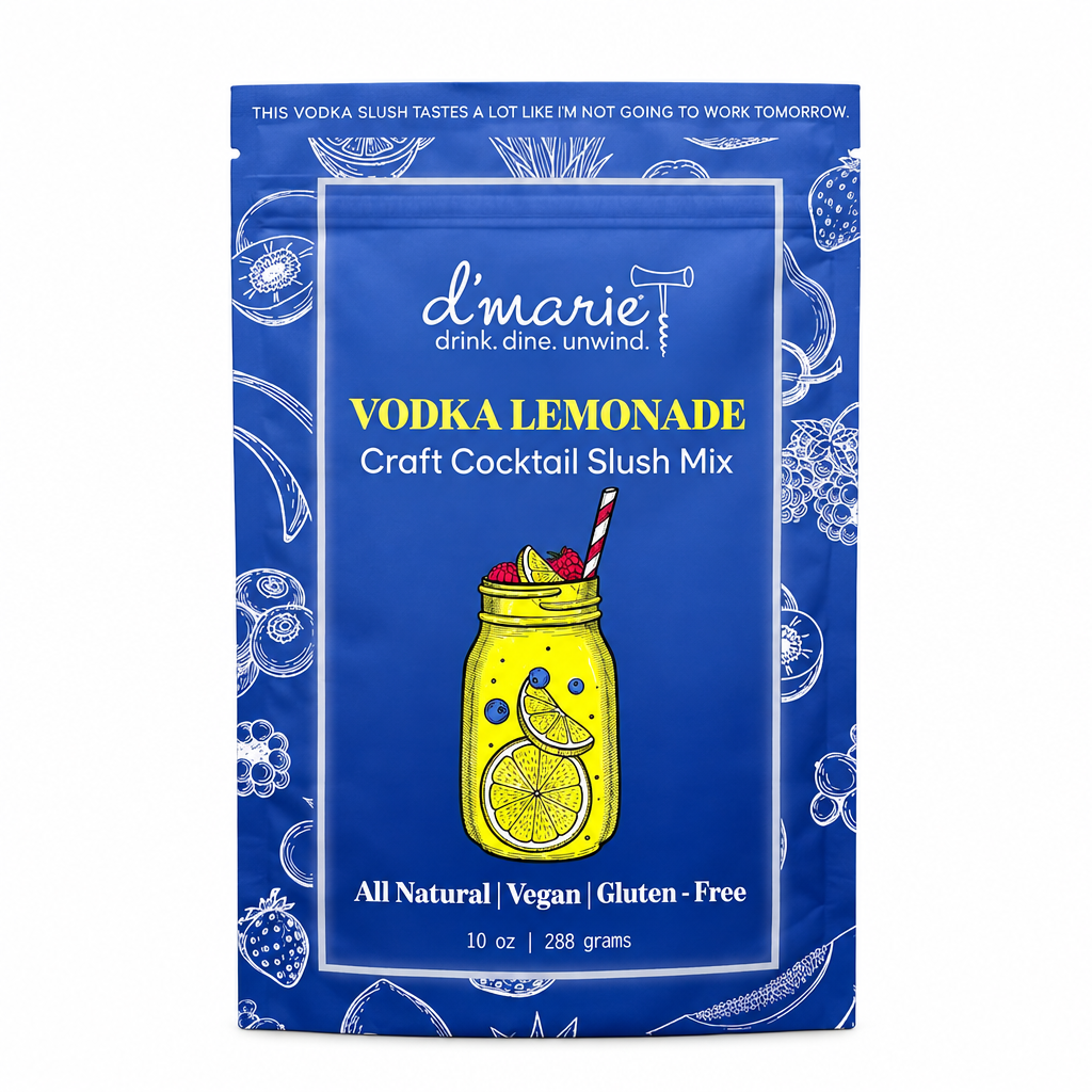 Pochette D’Marie Vodka Lemonade Craft Cocktail Slush Mix sur fond blanc carré, indiquant 10 oz et 288 grams
