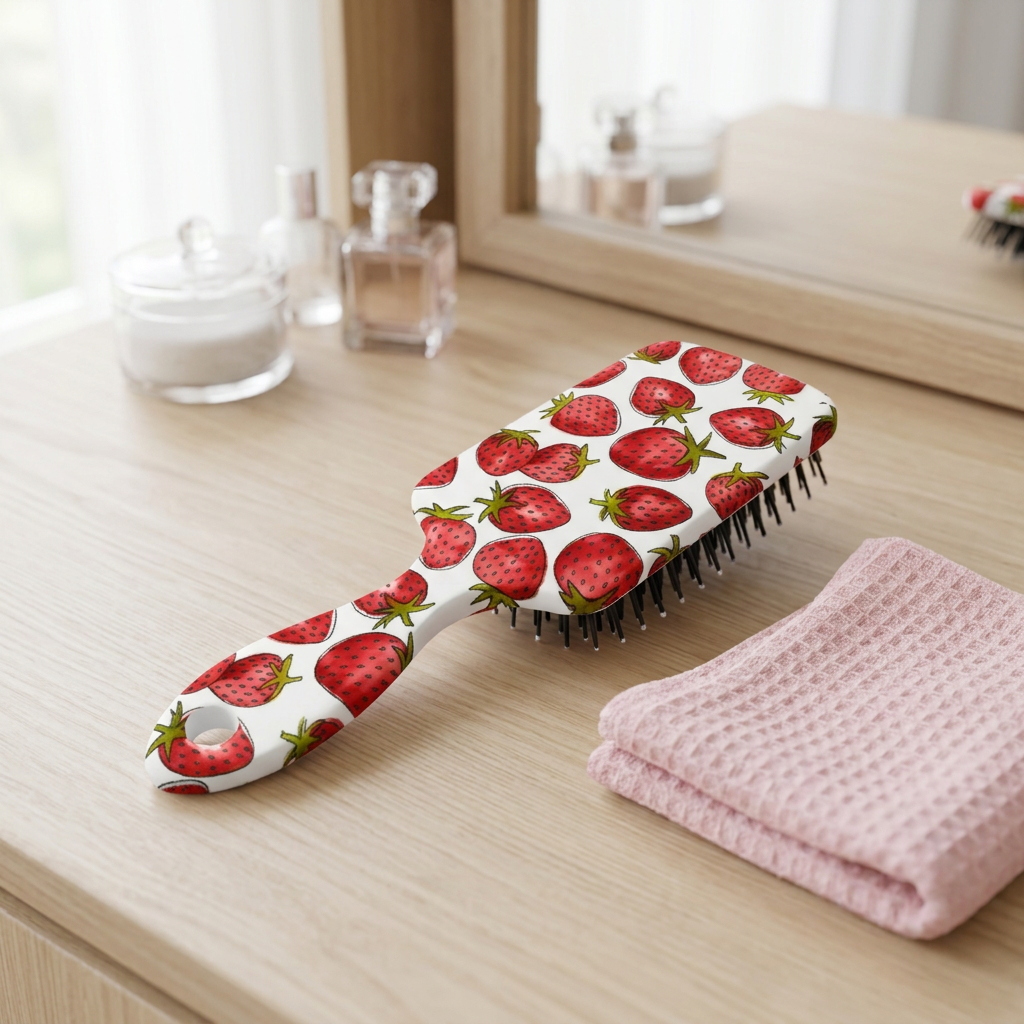 Grande brosse démêlante Josslyn à motifs de fraises sur une coiffeuse lumineuse