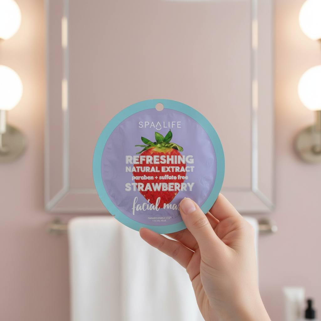 Masque facial fraise de SPA LIFE tenu dans une main devant un miroir de salle de bain