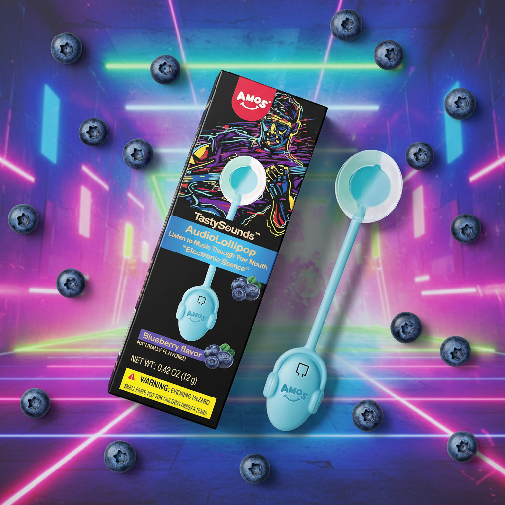 AMOS Audio Lollipop bleuet flat lay avec bleuets frais