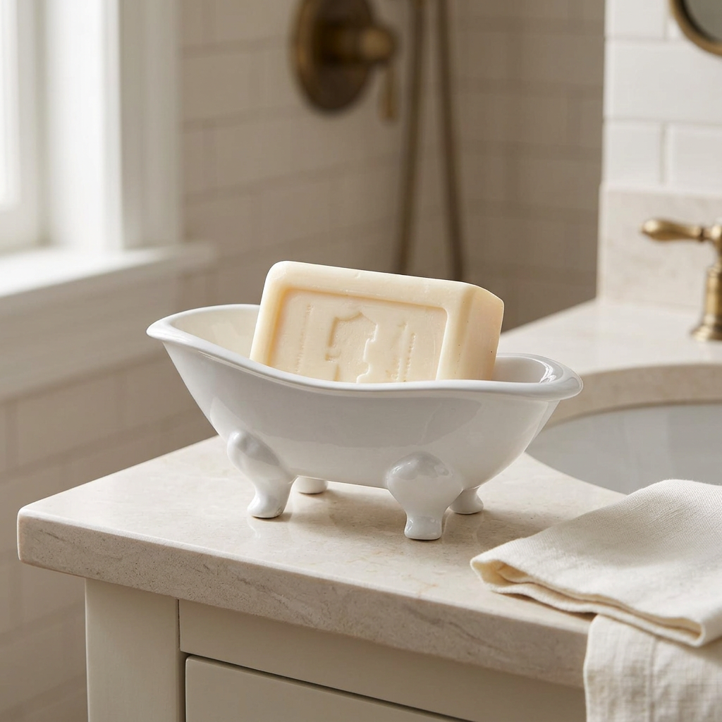 Porte-savon blanc Abbott en forme de baignoire sur pieds, présenté avec un savon près du lavabo.