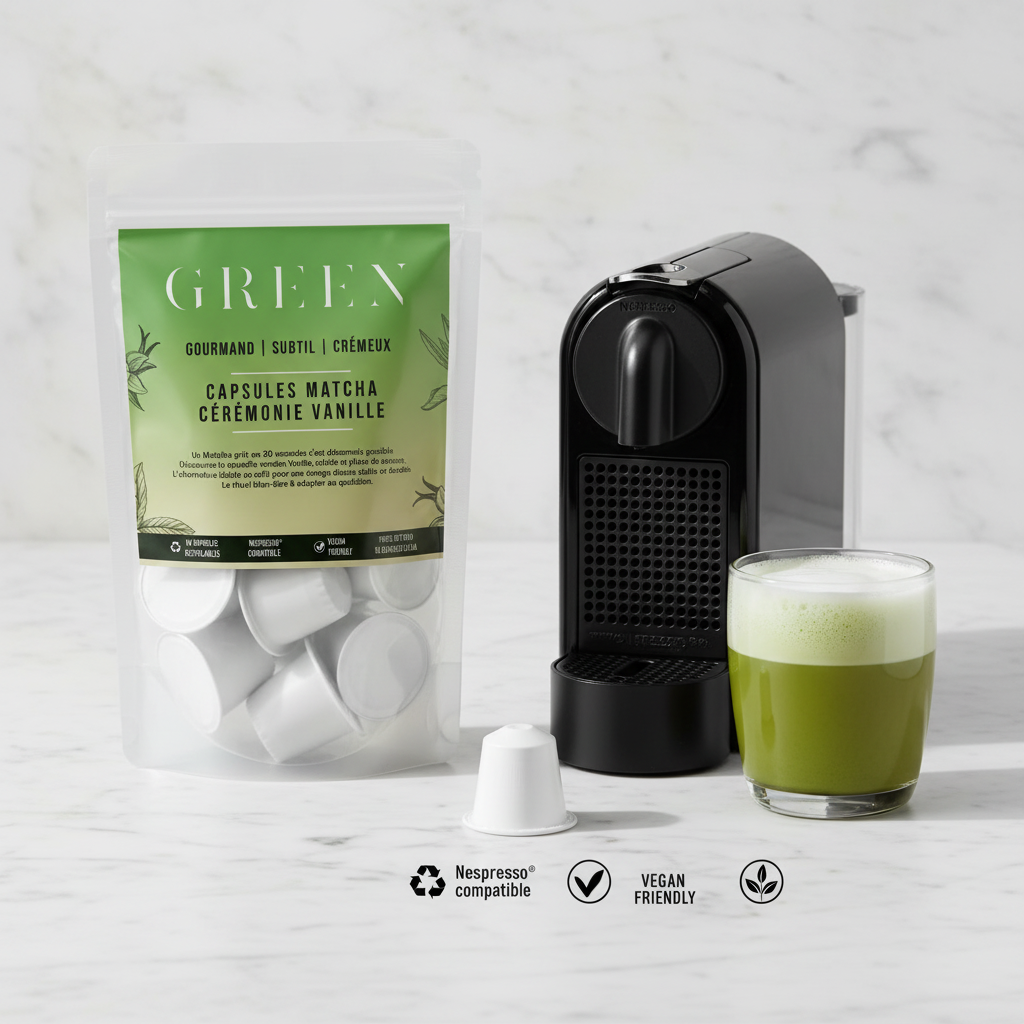 Sachet et capsule matcha GREEN sur marbre avec latte vanille