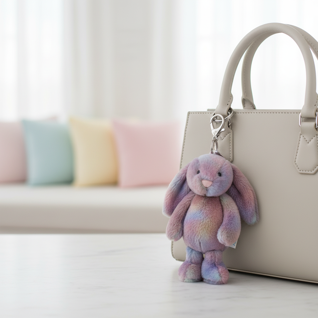 Jellycat Zodihop Luxe Bunny Bag Charm — Breloque lapin tie-dye mauve accrochée à un sac