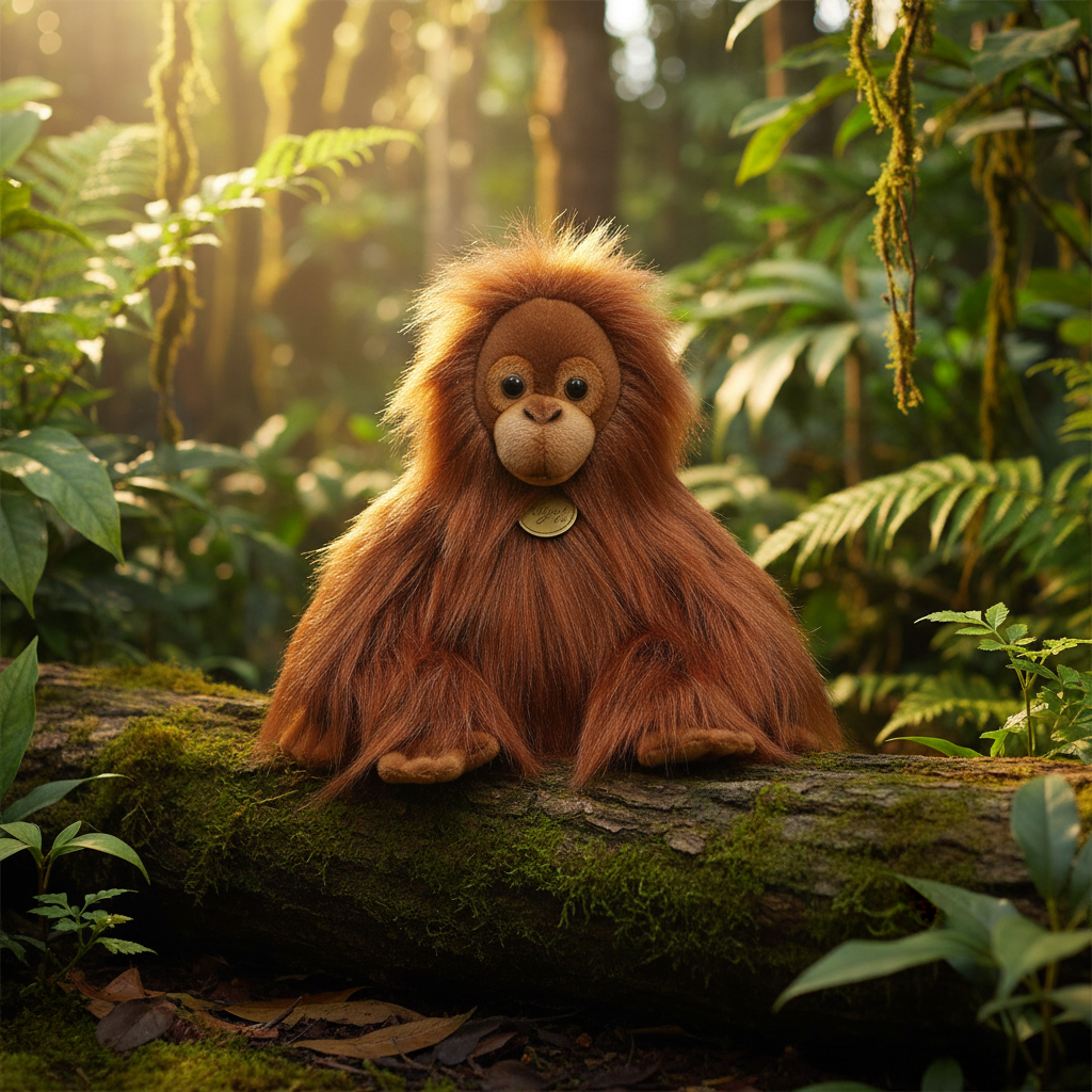 Peluche bébé orang-outan Aurora dans ambiance forêt tropicale lifestyle