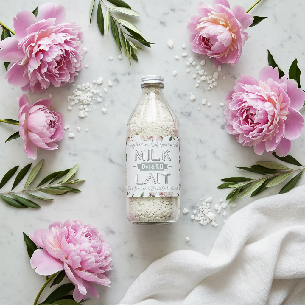 Lait de bain Pivoine Feuille d'Olivier Dot & Lil flat lay avec pivoines