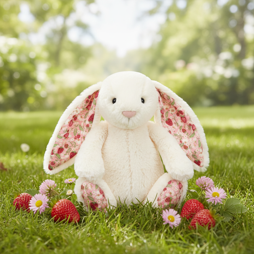 Jellycat Lapin Blossom Cream Berry — Peluche lapin crème avec tissu fleuri fraises dans un jardin ensoleillé