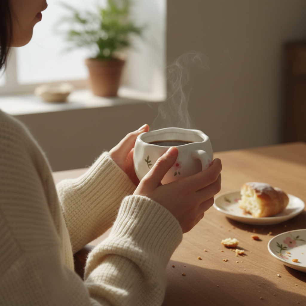 Mains tenant la tasse fleurs sauvages en cuisine