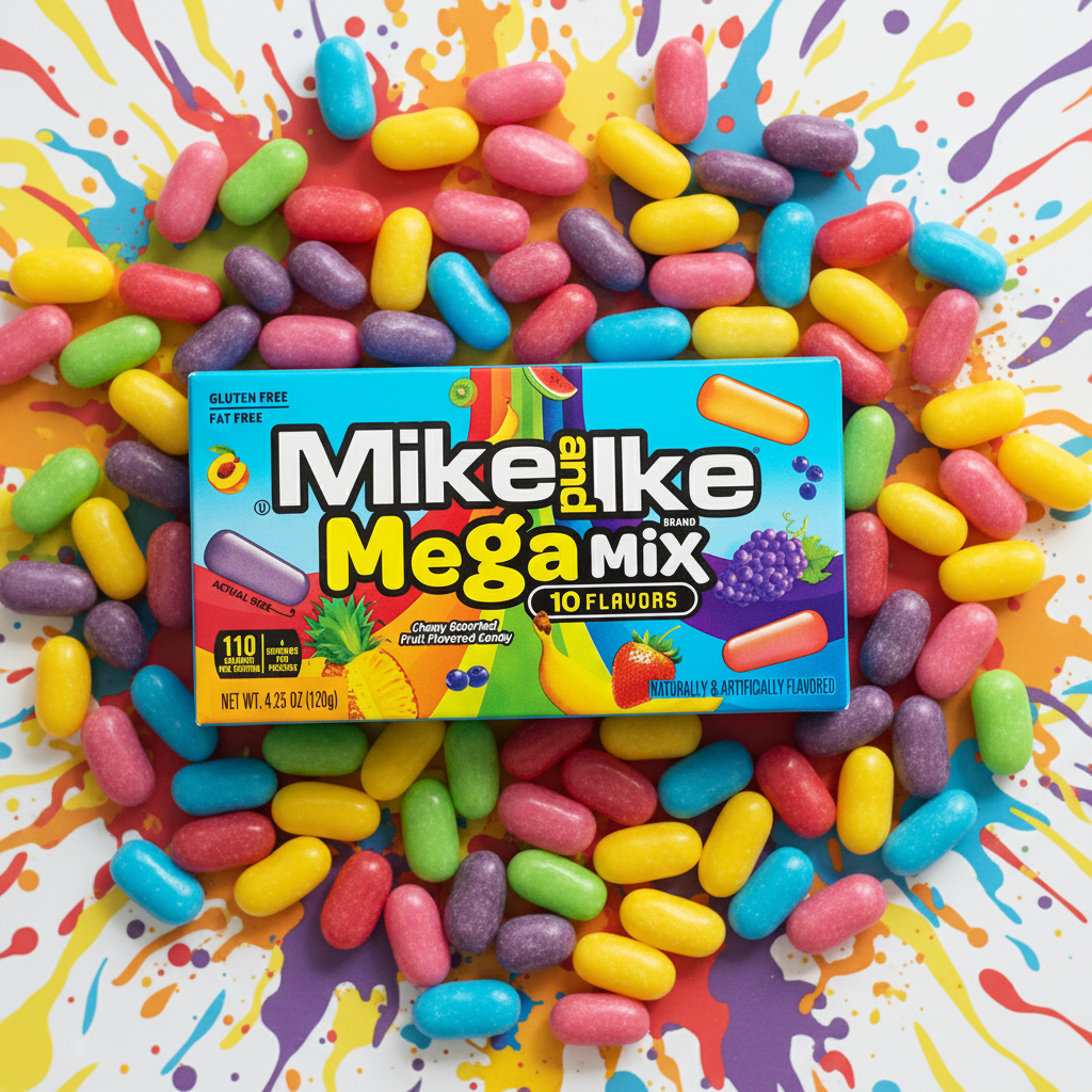 Boîte Mike and Ike Mega Mix avec bonbons colorés éparpillés