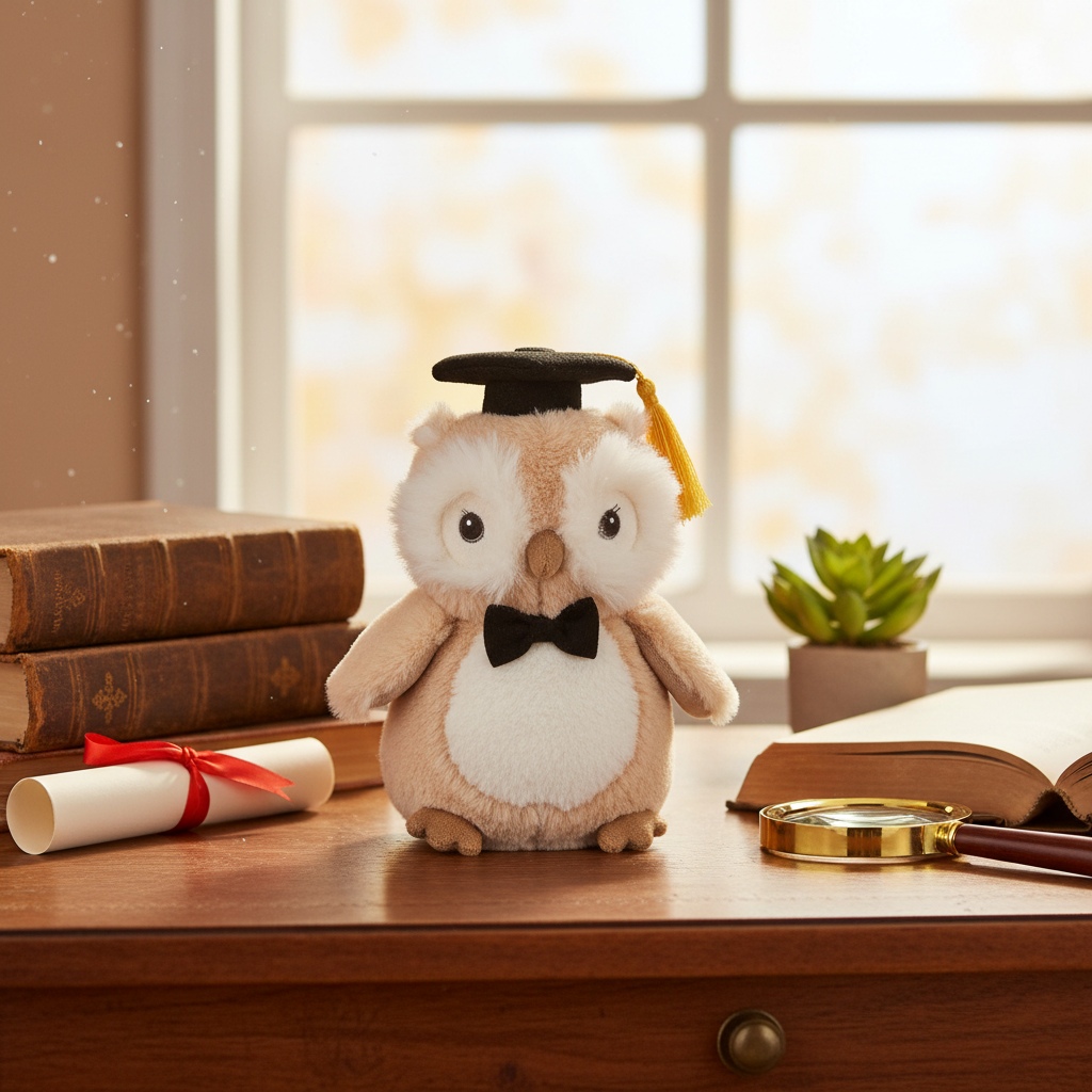 Hibou graduation tan peluche Mon Ami sur un bureau avec livres et diplôme