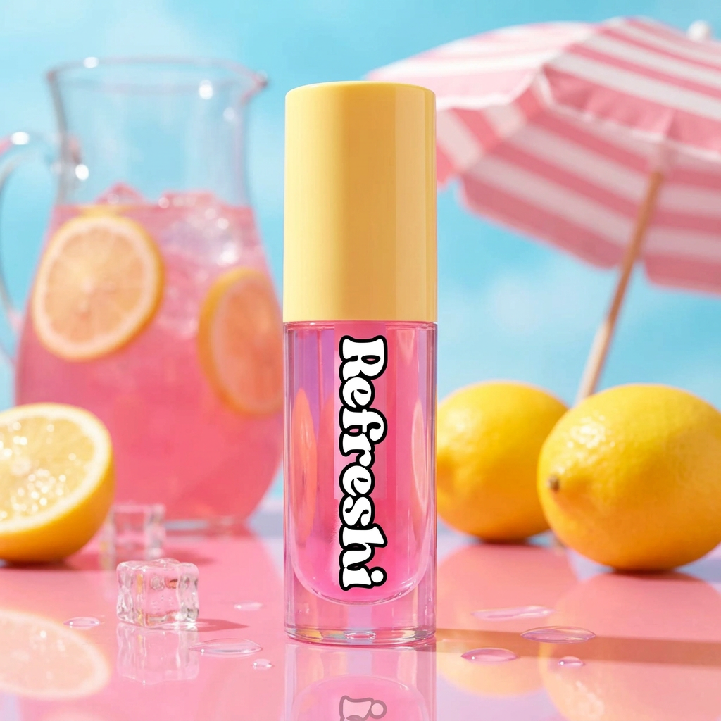 Huile à lèvres Refreshi Pink Limonade au premier plan avec des citrons et un pichet de limonade rose en arrière-plan.
