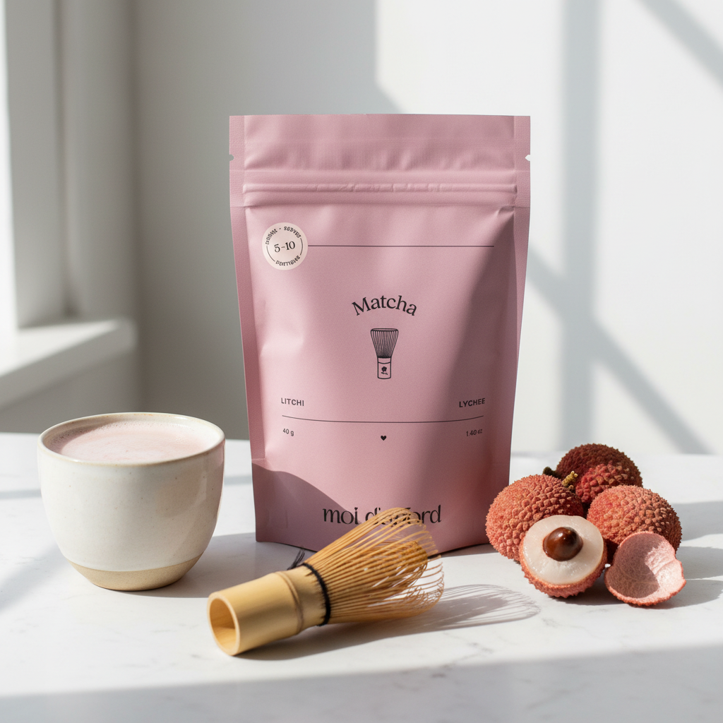 Sachet Matcha Litchi Moi d'abord sur marbre avec litchis frais et latte rose