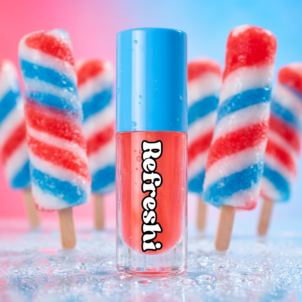 Huile à lèvres Refreshi Popsicle Cyclone au premier plan avec des popsicles torsadés rouges, blancs et bleus en arrière-plan.
