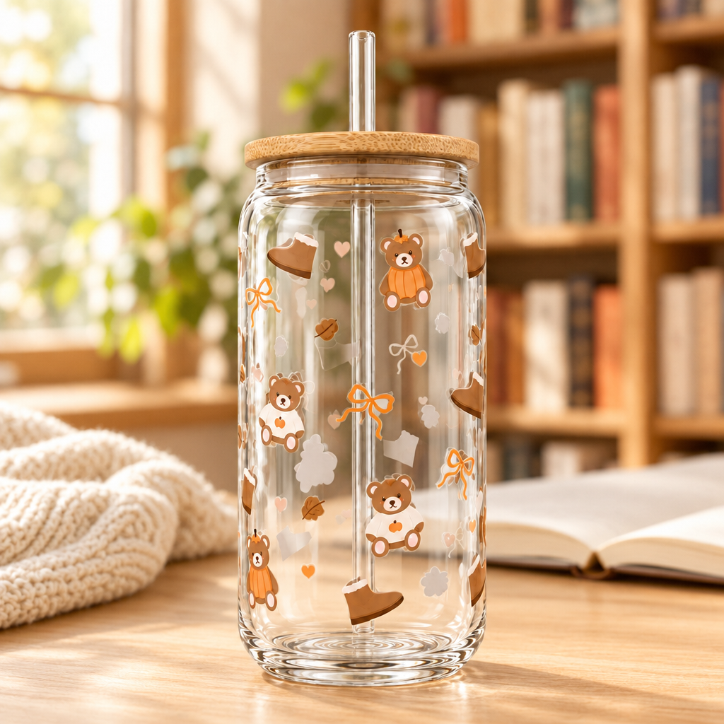 Verre de 16 oz avec paille et motif d’oursons dans une ambiance de lecture chaleureuse