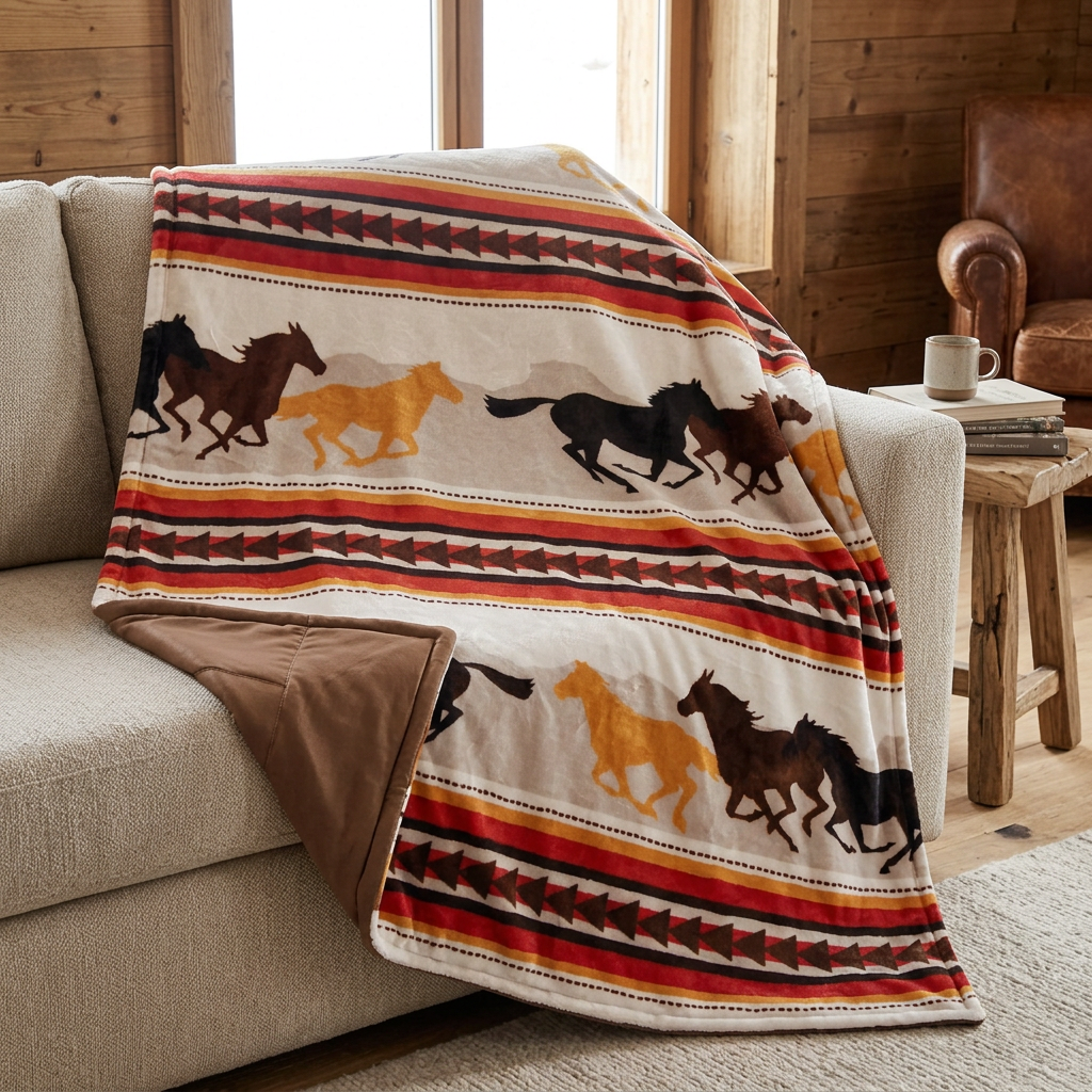 Doudou Running Horses déployée sur un divan dans une ambiance chalet