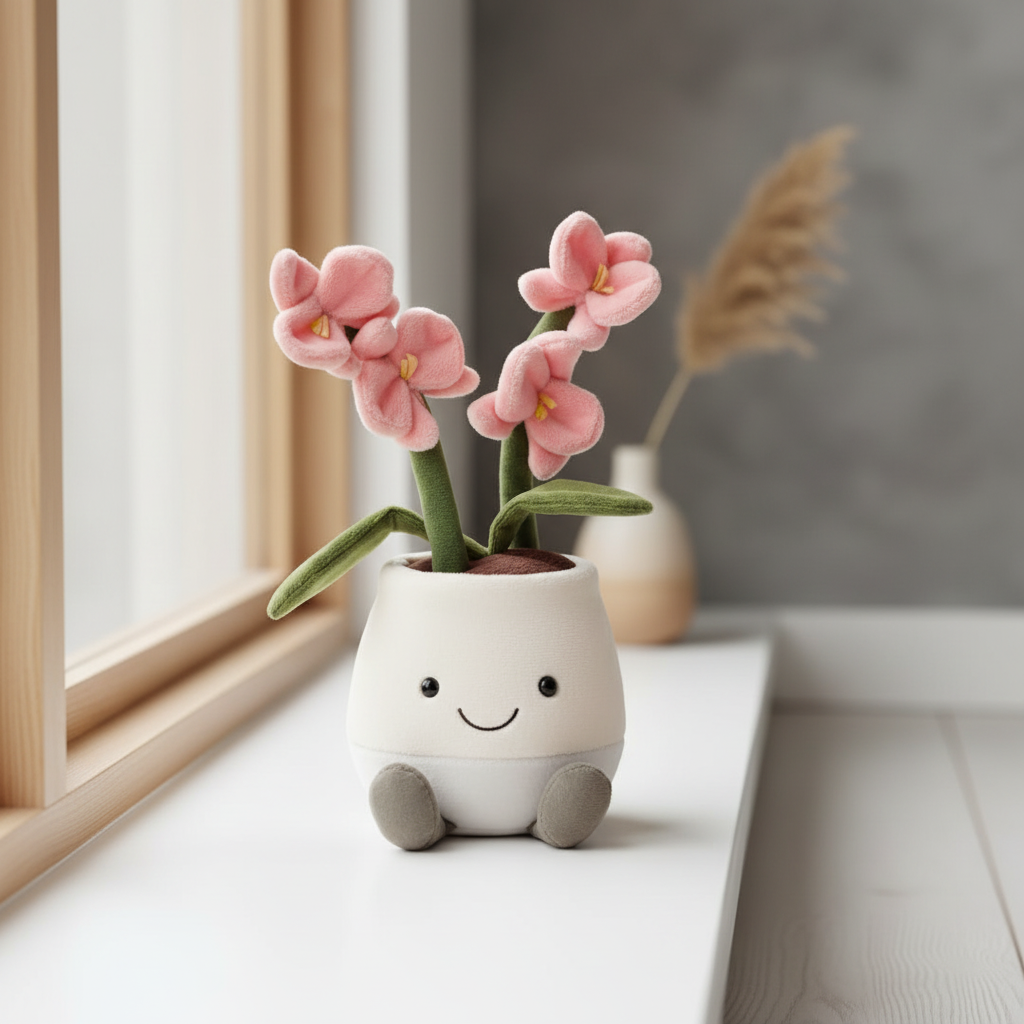 Jellycat Amuseable Orchidée Rose — Peluche orchidée en ambiance intérieur lumineux