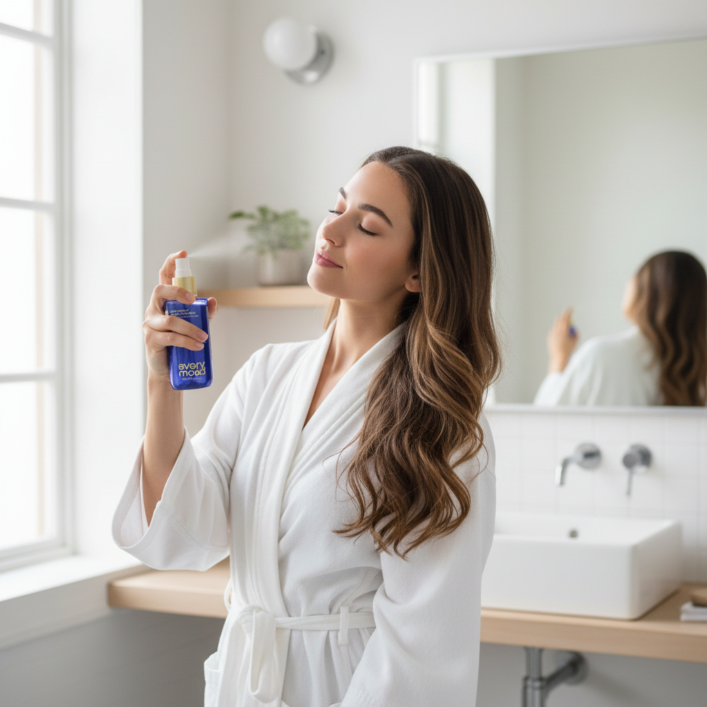 Femme qui utilise la brume hydratante Every Mood Creamy Coconut sur ses cheveux