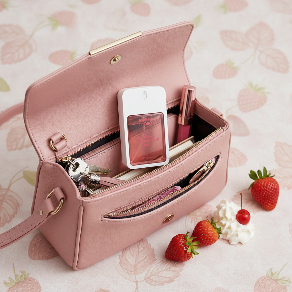 Spray désinfectant Every Mood Fraise dans un sac à main avec clés et brillant à lèvres