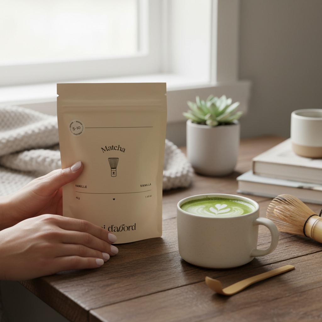Mains tenant le sachet Matcha Vanille Moi d'abord avec un latte matcha