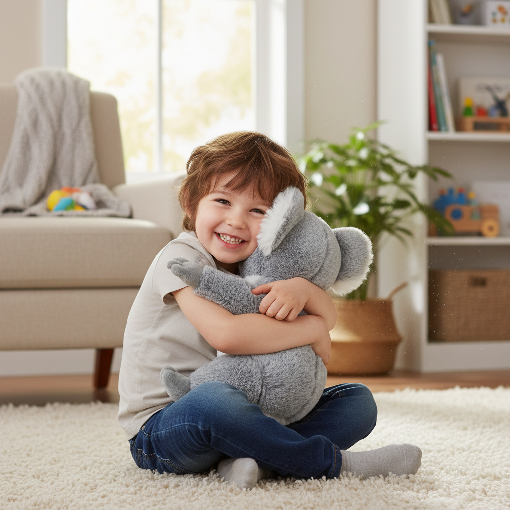 Enfant câlinant la peluche koala Fahlo