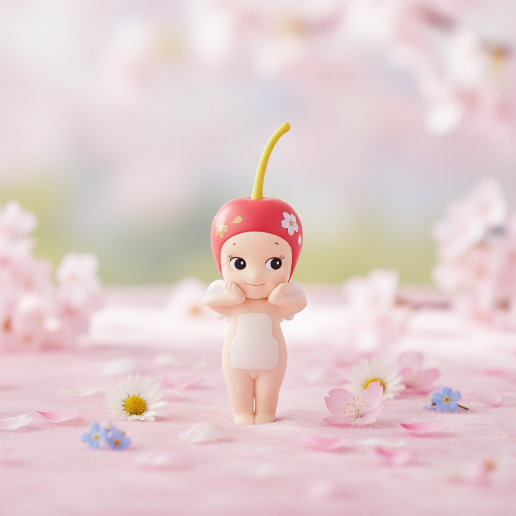 Figurine kawaii ange cerise sur surface rose avec pétales de cerisier et fleurs printanières