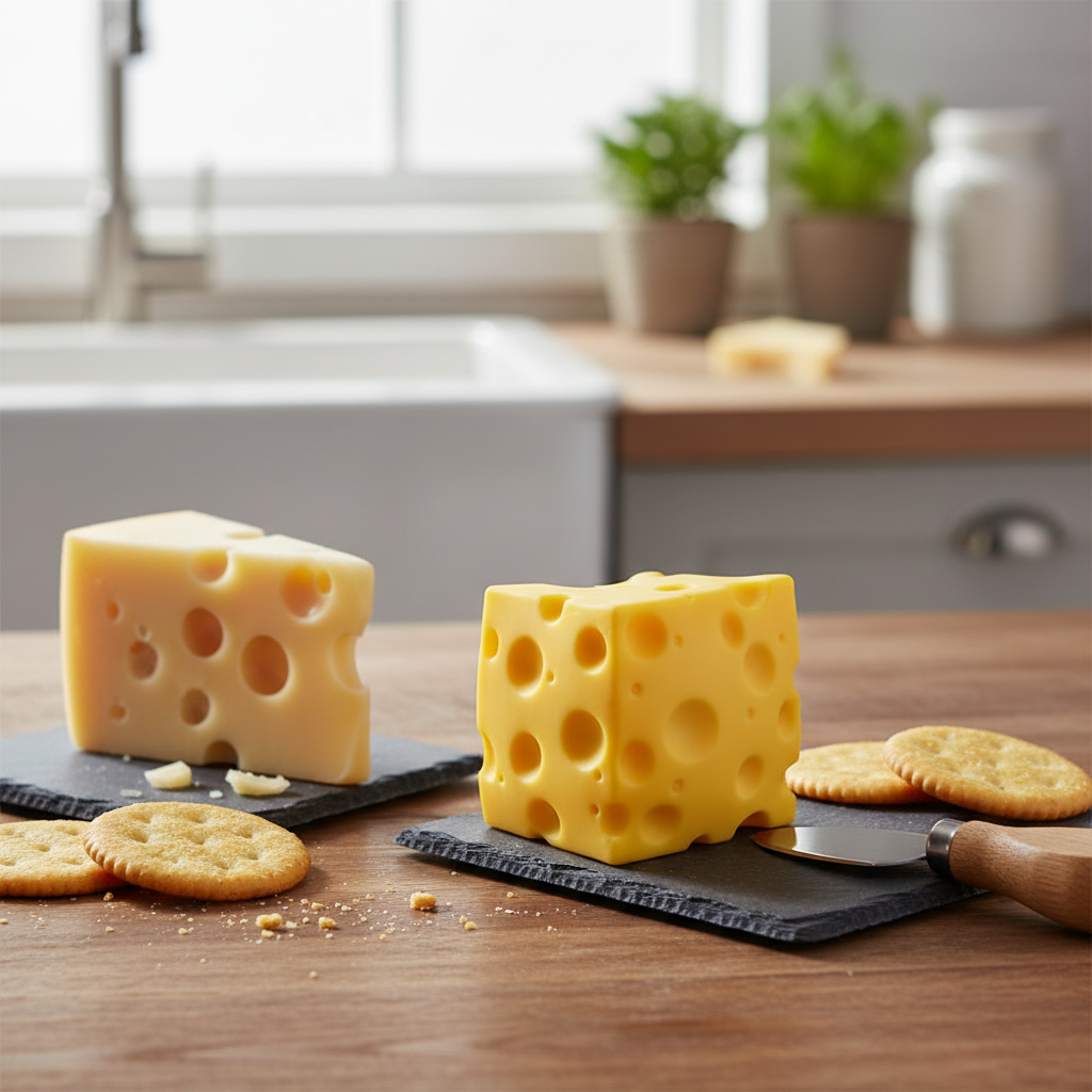 Gros Bonnet fromage squishy sur table cuisine avec vrai fromage et crackers