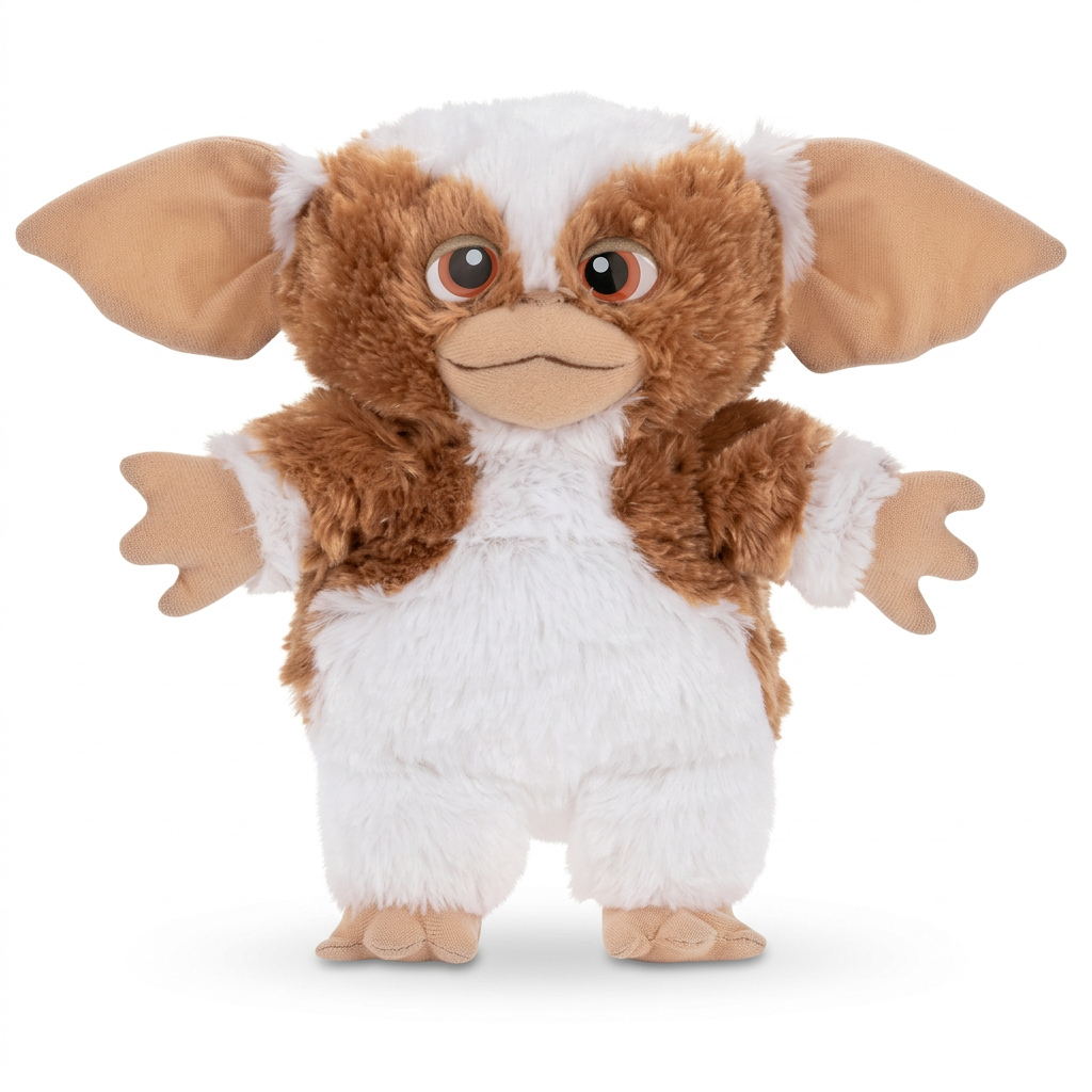 Peluche Gizmo Gremlins brune et blanche, vue de face sur fond blanc