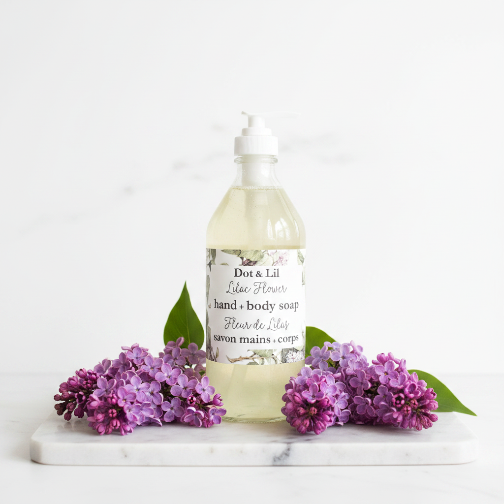 Savon mains Fleur de Lilas Dot & Lil sur marbre avec lilas frais