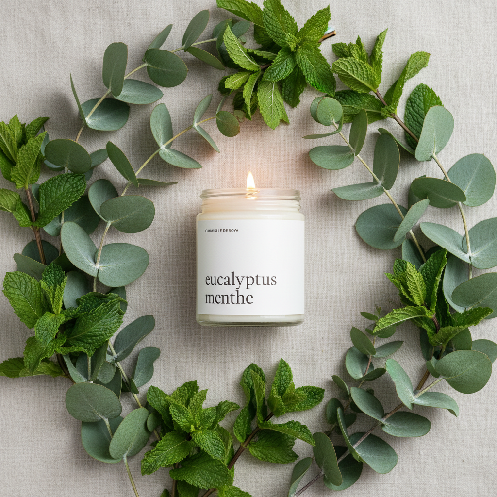 Chandelle de soya Eucalyptus Menthe allumée sur surface en lin avec branches d’eucalyptus et menthe, ambiance fraîche et apaisante