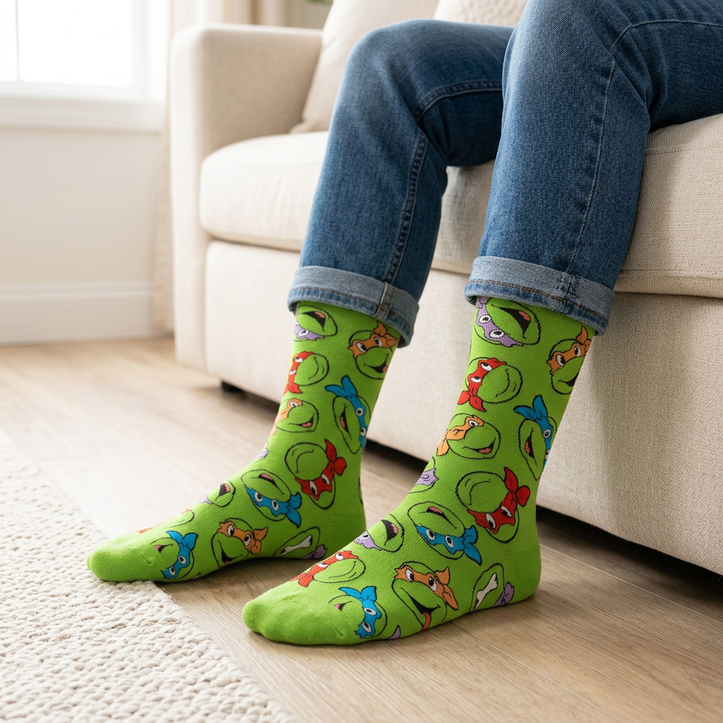 Homme en jeans portant les bas verts Tortues Ninja dans un salon lumineux.