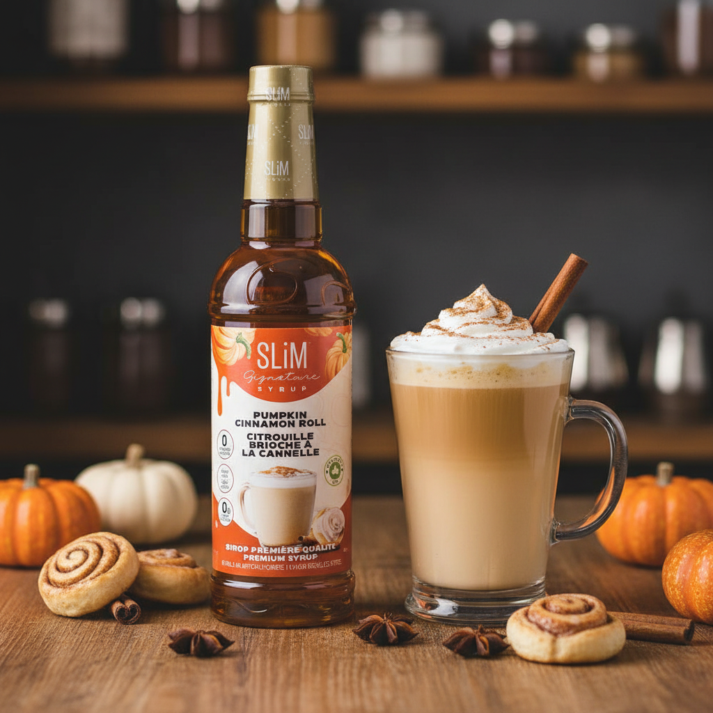 Sirop SLiM Citrouille Brioche Cannelle avec latte citrouille, crème fouettée et cannelle, ambiance automne cosy