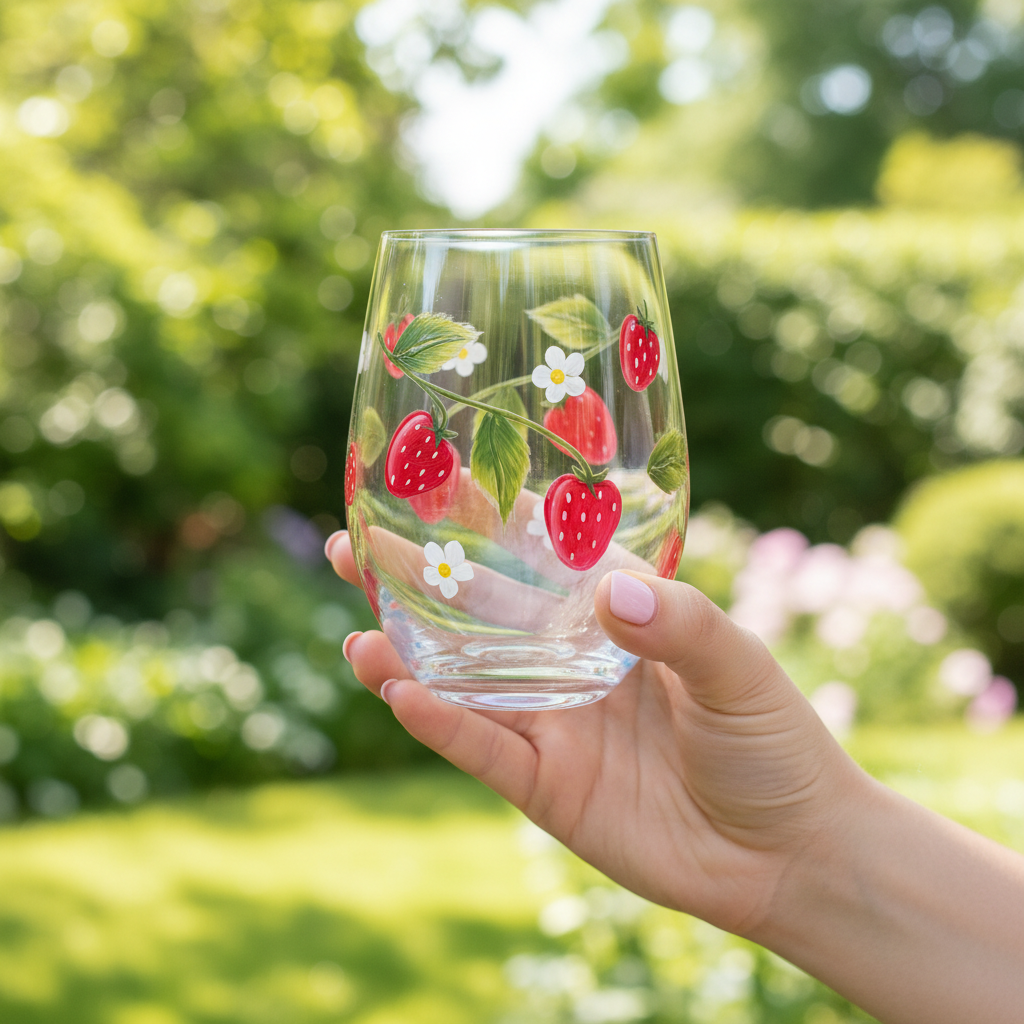 Verre Fraises des Champs tenu dans les mains dans un jardin