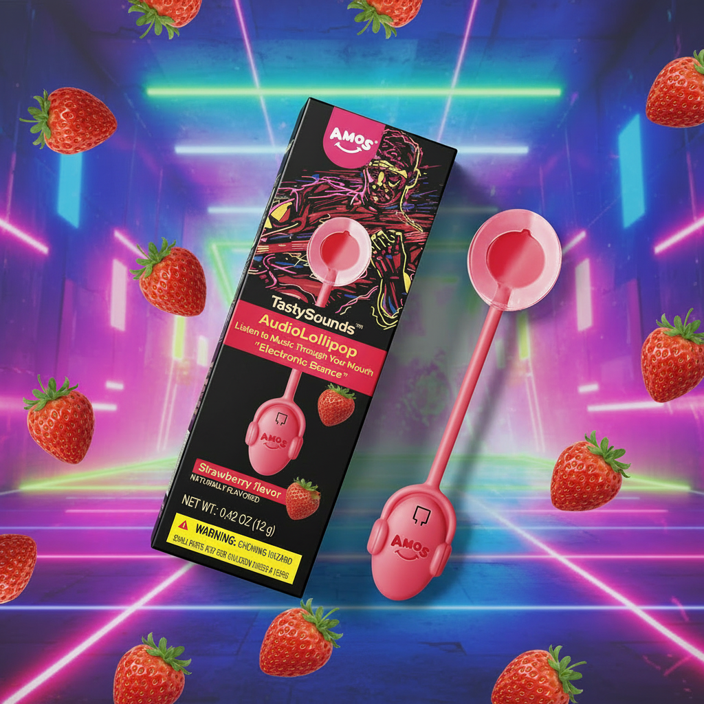 AMOS TastySounds Audio Lollipop saveur fraise — ambiance néon EDM