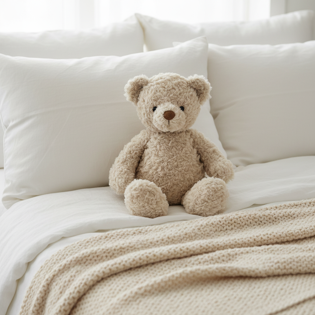 Ours crème peluche Mon Ami sur lit lin blanc avec oreillers et couverture tricot ambiance nurserie