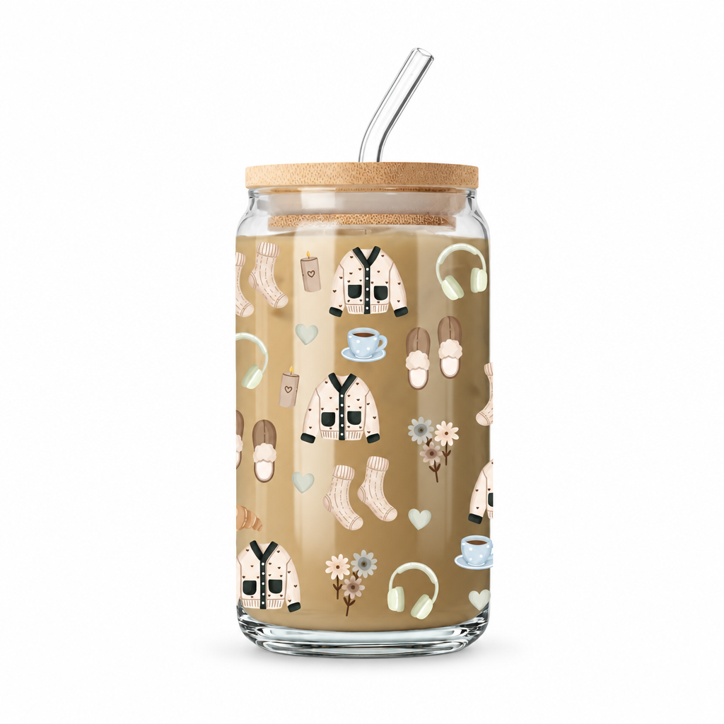 Verre de 16 oz avec paille et motif illustré Journée d’automne sur fond blanc