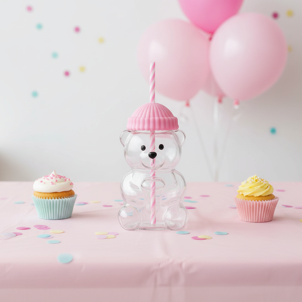 Verre Ourson avec Paille â Rose