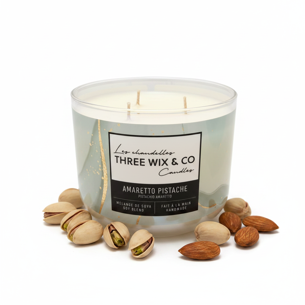 Chandelle 3 mèches Amaretto Pistache Three Wix & Co sur fond blanc avec pistaches et amandes