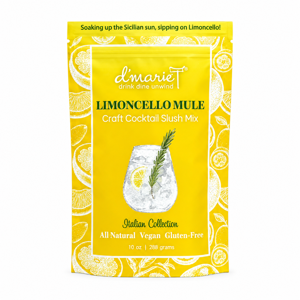 Pochette D’Marie Limoncello Mule Craft Cocktail Slush Mix de la collection italienne sur fond blanc carré, indiquant 10 oz et 288 grams