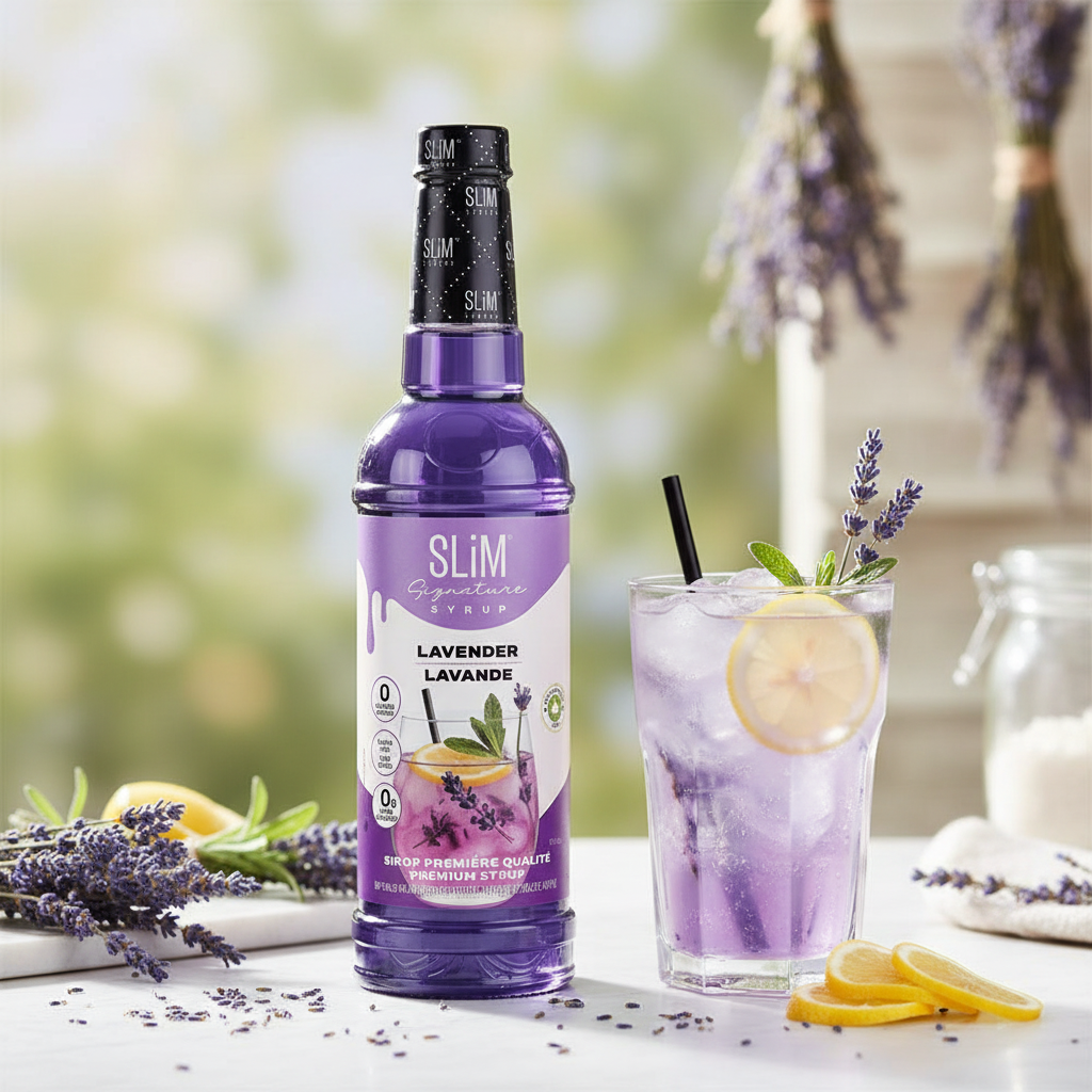 Sirop SLiM Lavande avec limonade violette, brins de lavande fraîche et citron, ambiance jardin provençal